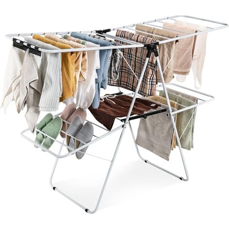 COSTWAY Tendedero de 2 Niveles, Tendederos Plegables con Alas Ajustables, Estendal Marco de Acero, Tendedero para Ropa/Zapatos/Mantas, Blanco (1/5)