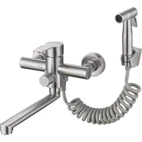UlisemRobinet de cuisine mural en acier inoxydable 304 avec pistolet pulvérisateur et 2 types de jet d'eau pour évier de cuisine pivotant à 360° (1/4)