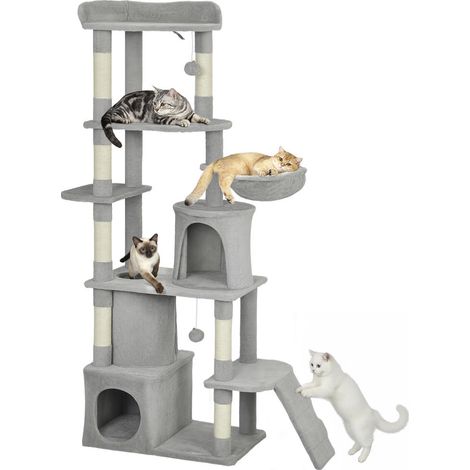 Arbre à Chat 170 cm AoSenYunZhou avec Poteaux en Sisal Niches et Tunnel Tour Griffoir pour Chat Gris Clair (1/5)