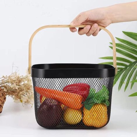 Aufbewahrungskorb aus Drahtgeflecht mit Holzgriff multifunktionales Metalldraht-Hängekorb Obstkorb ideal für Küche Bad Esszimmer Kleiderschrank (1/5)