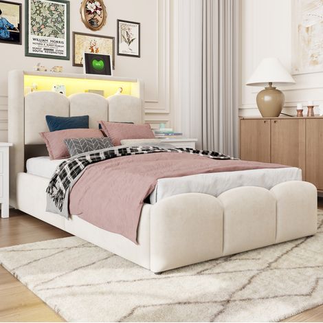 Letto singolo per bambini 90x200 cm in velluto beige, con contenitore, senza materasso FloraGrace (1/5)