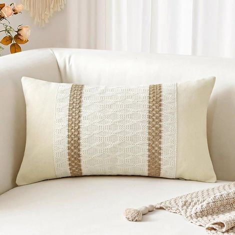 Bohemian lumbar cushion cover, 30x50cm, textured cotton and jute, woven boho stripes, double stripe design.
