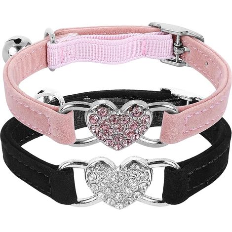 Dos collares para gatos en forma de corazón con cascabeles, collares ajustables para gatitos con arneses de seguridad, collares para mascotas con diamantes de imitación, adecuados para gatos y perros 