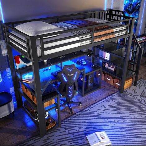 letto struttura 90x200 con scrivania LED USB nero OKMYHOME (1/5)