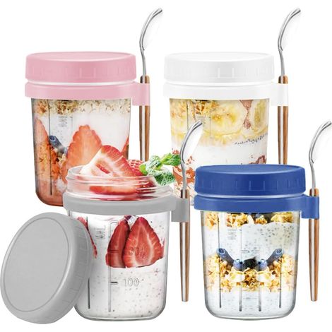 Lot de 4 Bocaux à Yaourt, 350 ml, Verre Alimentaire, Couvercle Hermétique, Large Ouverture, pour Oats et Salades (1/5)