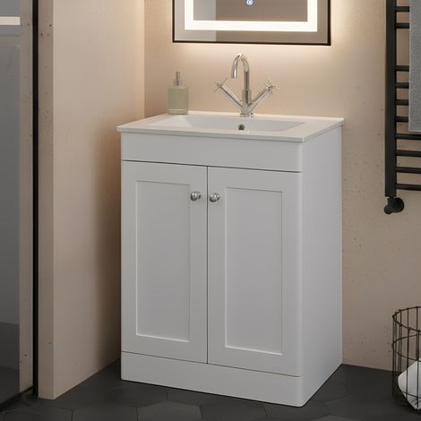 Nuie Classique Floor Standing 2-Door Vanity Unit with 1TH Minimalist Basin 600mm Wide - Satin White