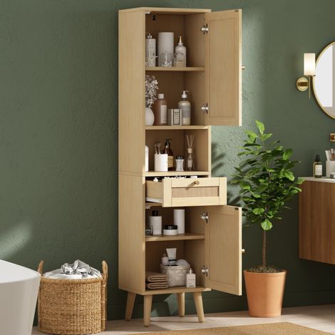 Badezimmerschrank (40x30x166 cm), mit Schublade, wendbaren Türen, Soft Close Scharnieren, MDF, naturholzfarben (1/5)