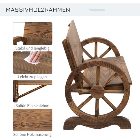 Banc de jardin 2 places en bois massif avec accoudoirs, design roue de chariot, meuble de terrasse, charge max 250 kg, style champêtre, 114x58x80 cm, marron