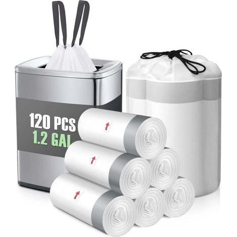 1.2 Gallon 120 Strong Drawstring Trash Bags by , Code R, Small Trash Bags, Waste Basket Liners for Home, Office, Kitchen, Bathroom, Bedroom (1/5)