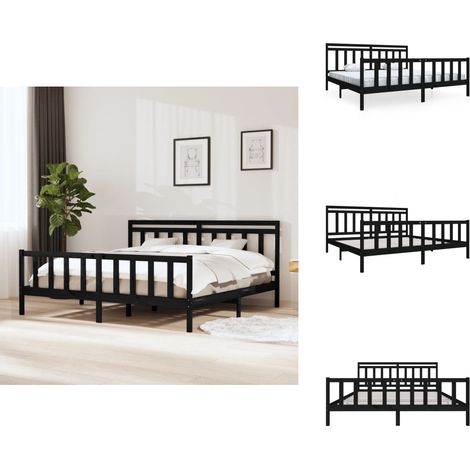Cadre de lit sans matelas noir bois massif 200x200 cm - Cadre De Lit - Lit Double - Lit En Bois Massif - Meuble Chambre - Décoration Chambre (1/5)