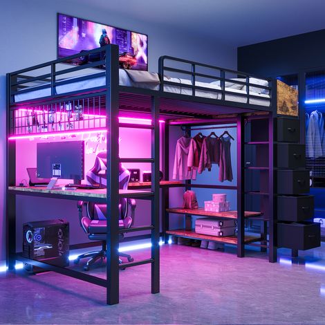 Lit mezzanine gaming 140 x 200 cm en métal avec bureau, LED, prises USB et Type-C, 5 tiroirs en tissu et penderie, Noir (1/5)