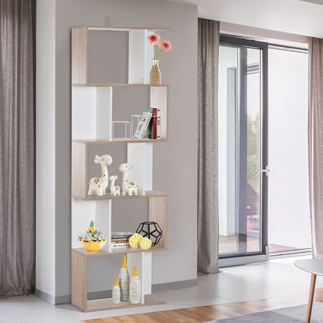 Blanc 60x24x184,5cm - Étagère haute en forme de S doté de 5 étagères, design moderne pour salon, bureau,, et bois (1/4)