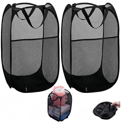 Lot de 2 paniers à linge pliables avec anse   Panier à linge portable   Noir   Panier de rangement pliable en maille   Panier à linge pliable 58x36cm (1/5)