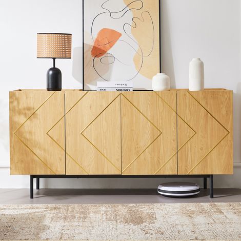 Buffet de salon avec 4 portes et incrustation métallique : commode polyvalente en bois naturel, dimensions 160×40×78 cm (1/5)