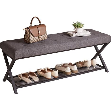 113 cm Banc de Lit avec Étagère, Banc de Rangement à Chaussures Capitonné en Lin Gris à 2 Niveaux, Banc D'entrée avec Coussin pour Salon, Chambre, Couloir, Gris (1/5)