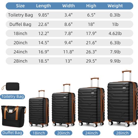 Set de 6 valises rigides extensibles avec sacs de sport, roulettes pivotantes, noir (1/5)