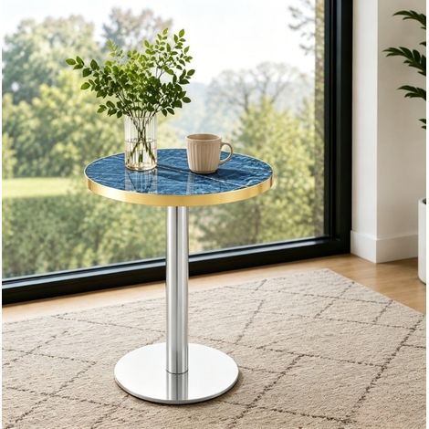 MEUBLIV Table d'appoint ronde 60 cm bleu – effet marbre, pied métal, montage facile (1/5)