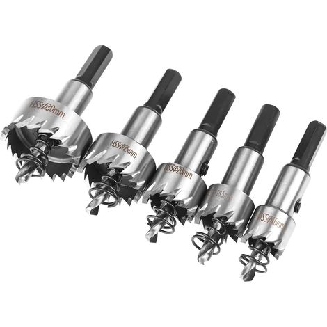 Set di seghe a tazza, set di 5 punte da trapano HSS in cobalto Ø16/18,5/20/25/30 mm, sega a tazza in acciaio legato ad alta velocità, acciaio, acciaio inossidabile, adatta per legno, plastica, metallo (1/5)
