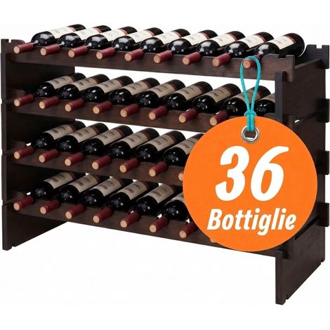 Relaxdays Portabottiglie da Vino, 36 Bottiglie, Bambù, HLP: 55x85x25,5 cm, Scaffale Impilabile, Marrone Scuro