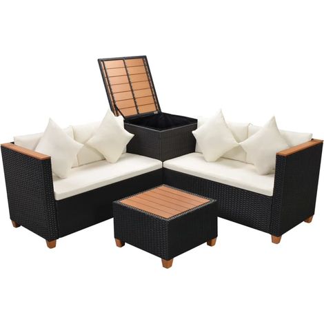 Muebles de jardín 4 piezas con cojines ratán sintético negro vidaXL (1/5)