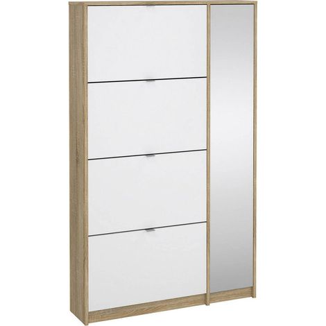 Zapatero Dmora de cuatro puertas con solapa y una puerta espejo con tres estantes internos, color roble y blanco brillo, 101 x 163 x 24 cm.