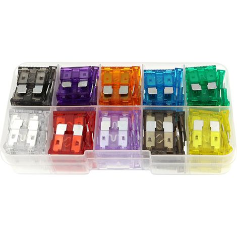 Kit de 100 fusibles de cuchilla surtidos para automóviles en tamaños estándar y mini (2/3/5/7,5/10/15/20/25/30/35 A), para automóviles, autocaravanas, camiones, motocicletas y barcos.