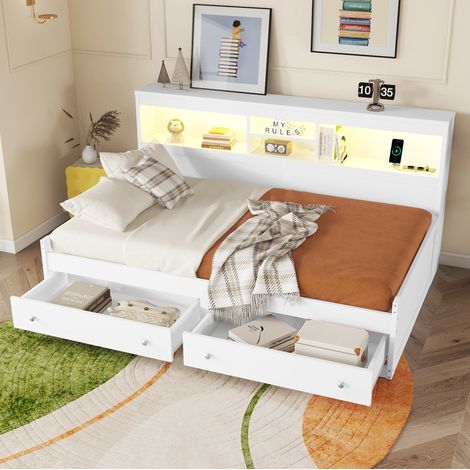 Cama diván de aglomerado y MDF blanca 90x200 cm con 2 cajones, LED, USB y somier de láminas (1/5)