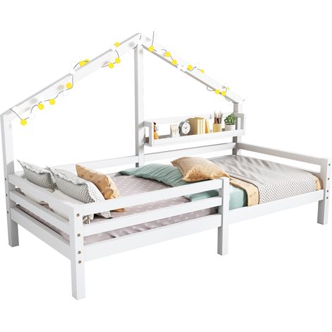 Lit familial, Lit enfant avec étagères de rangement, Moulure de cheminée, 90 x 200 cm-Blanc (1/5)