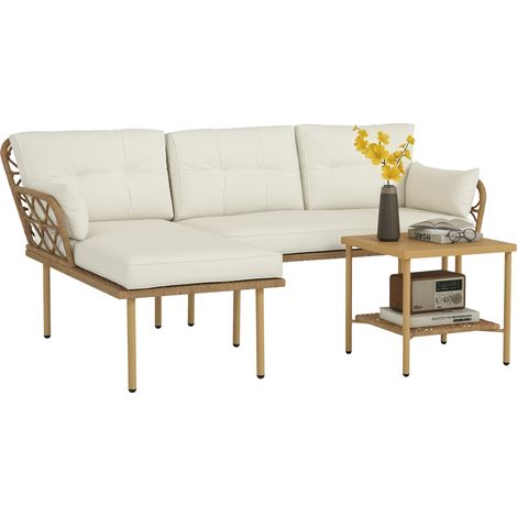 Conjunto de jardín de 3 piezas que incluye una tumbona, un pequeño sofá, cojines y una mesa auxiliar, en ratán y acero, blanco crema y madera.