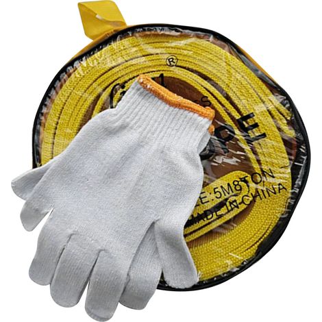 Sangle de remorquage auto 5 m capacité 8 T polyester renforcée avec crochets reflectifs pour depannage jaune et gants (1/5)
