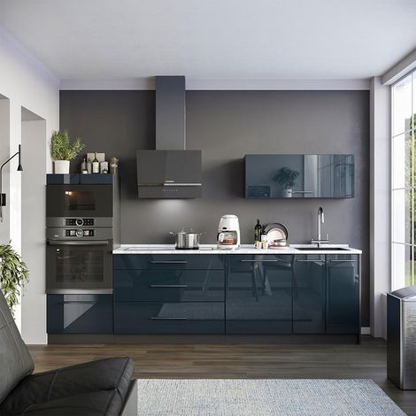 Küchenzeile Fame-Line, Dunkelblau Hochglanz/Anthrazit, 280 cm, AP Anthrazit, Vicco (1/5)