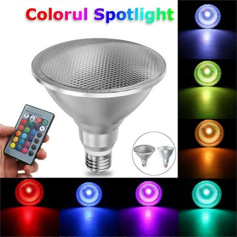 Projecteur LED PAR38 RGB 20W, culot E27, intensité variable, multicolore, avec télécommande, pour la décoration intérieure (110V/220V). (1/5)