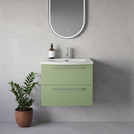 Napoli 390 Olive Green 600mm Wall Mounted 2 Drawer Vanity Unit with Arc Basin - 600mm - Chrome 320mm Handle