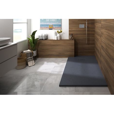KINEDO - Receveur Douche Extra-Plat Kinerock Evo - En Biolex (Charge Minérale) - Antidérapant (PN24), Bonde Extra-Plate - 160 x 90 cm - Aspect ardoise - Blanc (1/6)