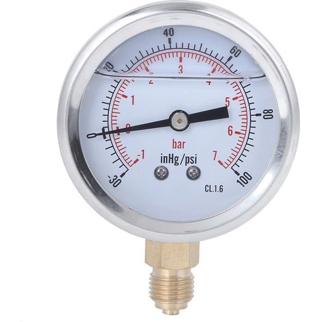 Pressure gauge, oil filled pressure gauge 1/4" BSP -1 at 7 bar, -30 to 100 psi Stainless steel housing Brass interior construction Liquid filled pressure gauge (1/5)