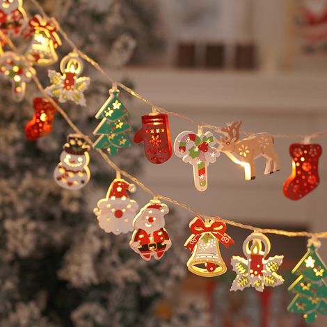 Guirlande lumineuse de Noël à piles, pendentifs en fer découpé : Père‑Noël, bonhomme de neige, cerf, botte, cloche et sapin, lumière chaude, décoration pour cheminée fenêtre intérieur, longueur 3 m (1/5)