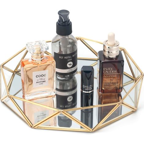 Miroir en Verre Doré - Plateau de Maquillage, Parfum et Cosmétiques - Organisateur Décoratif pour Salle de Bain