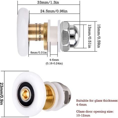Duschtürrollen 23 mm, 4-teiliges Messing-Schiebetürrollen-Set zum Austausch von Schiebetürschienen aus Glas (23 mm) (1/4)