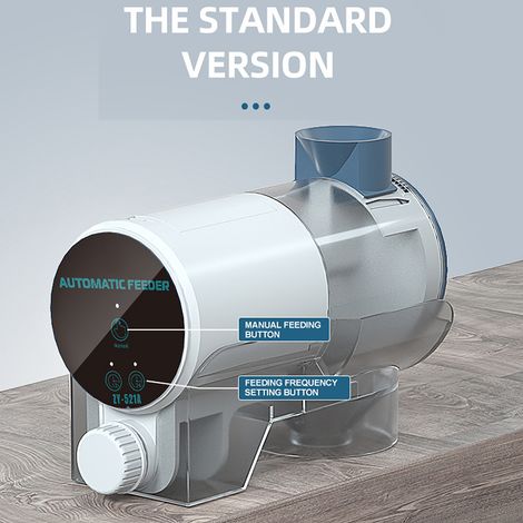 Dispensador automático de alimento para peces con temporizador y modos automático/manual para acuarios y estanques.