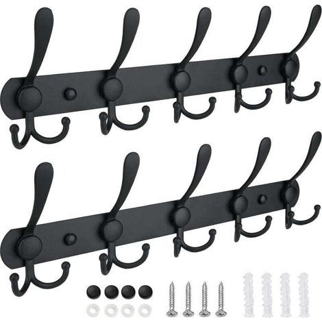 Wandgarderobe mit 5 Haken, robustes Metall, für Eingangsbereich oder Garderobe, mattschwarz, 2er-Pack