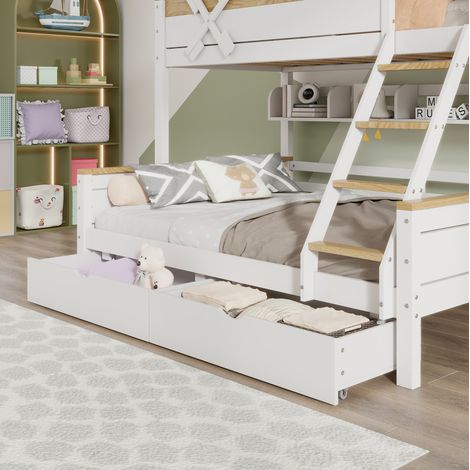 Letto a castello 205x145x155 cm bianco e naturale in pino e MDF con mulino e cassetti (1/5)