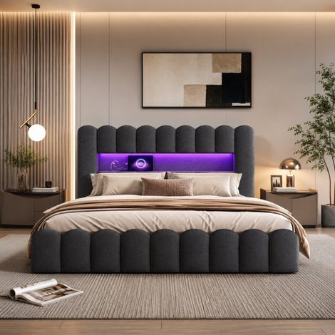 Lit coffre 180x200 en lin gris, lit double rembourré avec sommier, ports USB Type C et éclairage LED, lit fonctionnel, cadre de lit (1/5)