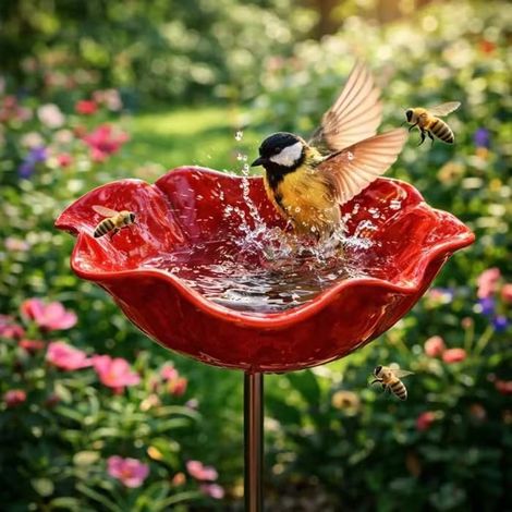 Abreuvoir oiseaux métal fleurs – Fait main, résistant hiver – Pour oiseaux, insectes – Jardin (1/4)