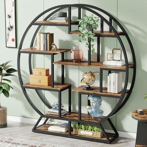 Bibliothèque ronde de 150 cm avec étagères décalées, bibliothèque circulaire complète pour l'organisation et la décoration de la maison et du bureau (1/5)