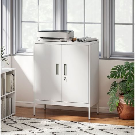 Armario de acero con 2 puertas, con llave, estantes regulables, blanco HAVRYA (1/5)