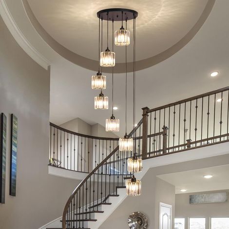 Lustre long pour hauts plafonds - Suspension moderne en cristal - Longue goutte de pluie - Lampe suspendue - Lustre à montage encastré - Plafonnier pour cage d'escalier, foyer, salon (1/5)