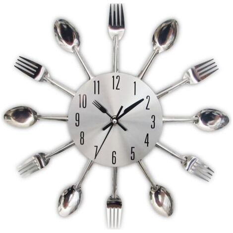 Horloge de cuisine effet miroir avec cuillère, fourchette, autocollant amovible en 3D pour la décoration de la maison argent métallique (1/4)