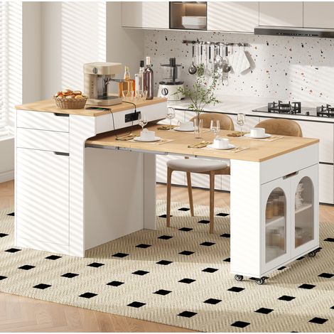 Tavolo da cucina allungabile con ruote e presa, bianco, MDF e vetro DESVIAE (1/5)