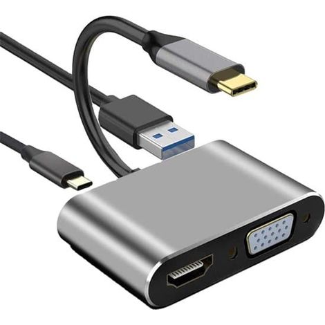 Hub USB-C 4 en 1 (HDMI 4K à 30 Hz, VGA, USB 3.0 et adaptateur de charge PD). (1/4)