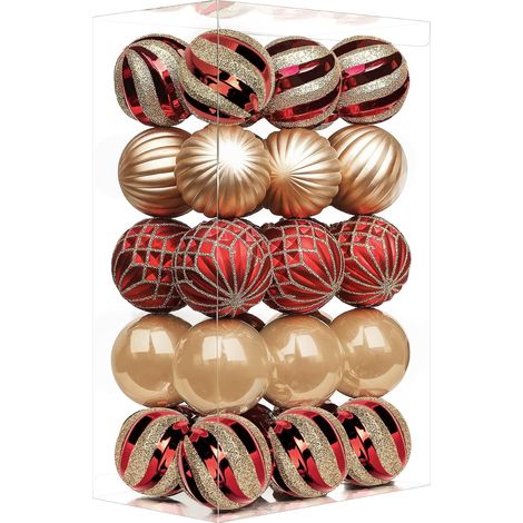Set mit 30 farbenfrohen, bruchsicheren Weihnachtskugeln aus Kunststoff für Weihnachtsbäume, Partydekorationen, Hochzeiten (60 mm, rot und gold) (1/5)